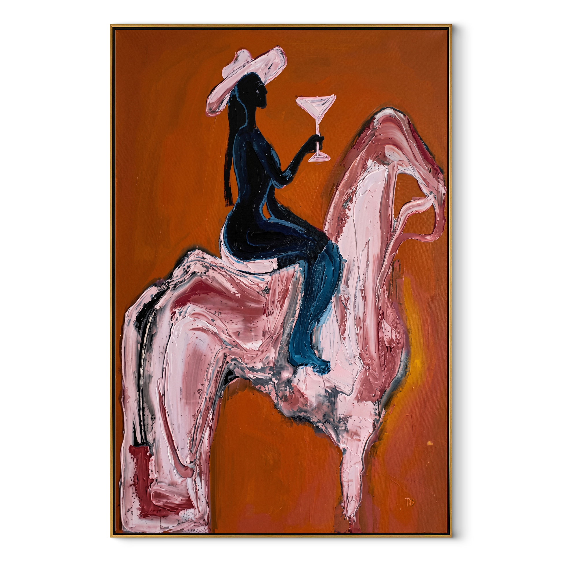 Pink Horse Carries Toast - cowgirl cocktail horse painting by Ethan Mercer, contemporary Western vertical wall art – wood frame on white background