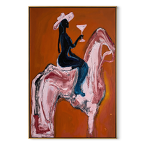 Pink Horse Carries Toast - cowgirl cocktail horse painting by Ethan Mercer, contemporary Western vertical wall art – wood frame on white background