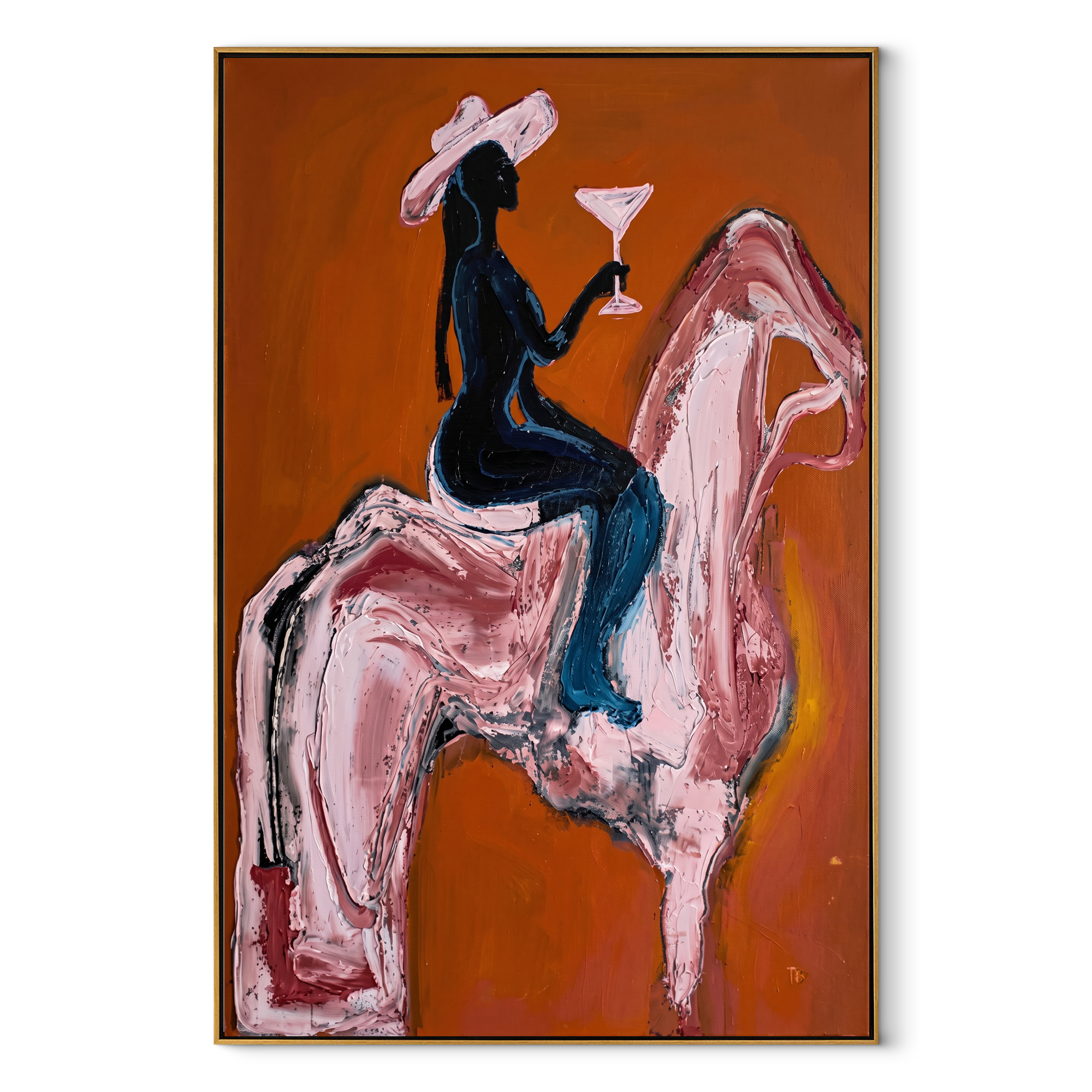 Pink Horse Carries Toast - cowgirl cocktail horse painting by Ethan Mercer, contemporary Western vertical wall art – wood frame on white background