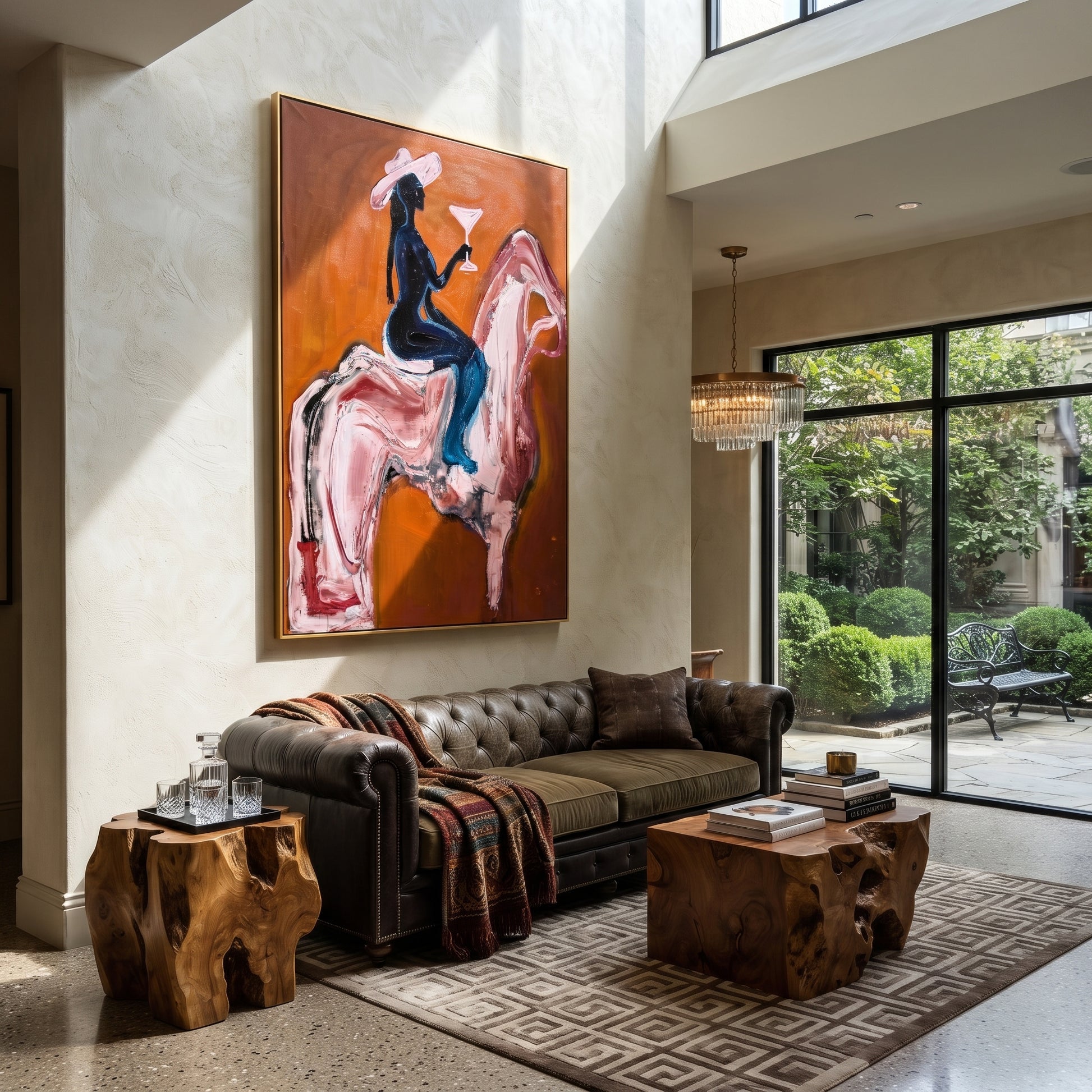 Pink Horse Carries Toast - cowgirl cocktail horse painting by Ethan Mercer, contemporary Western vertical wall art – styled room scene view 2