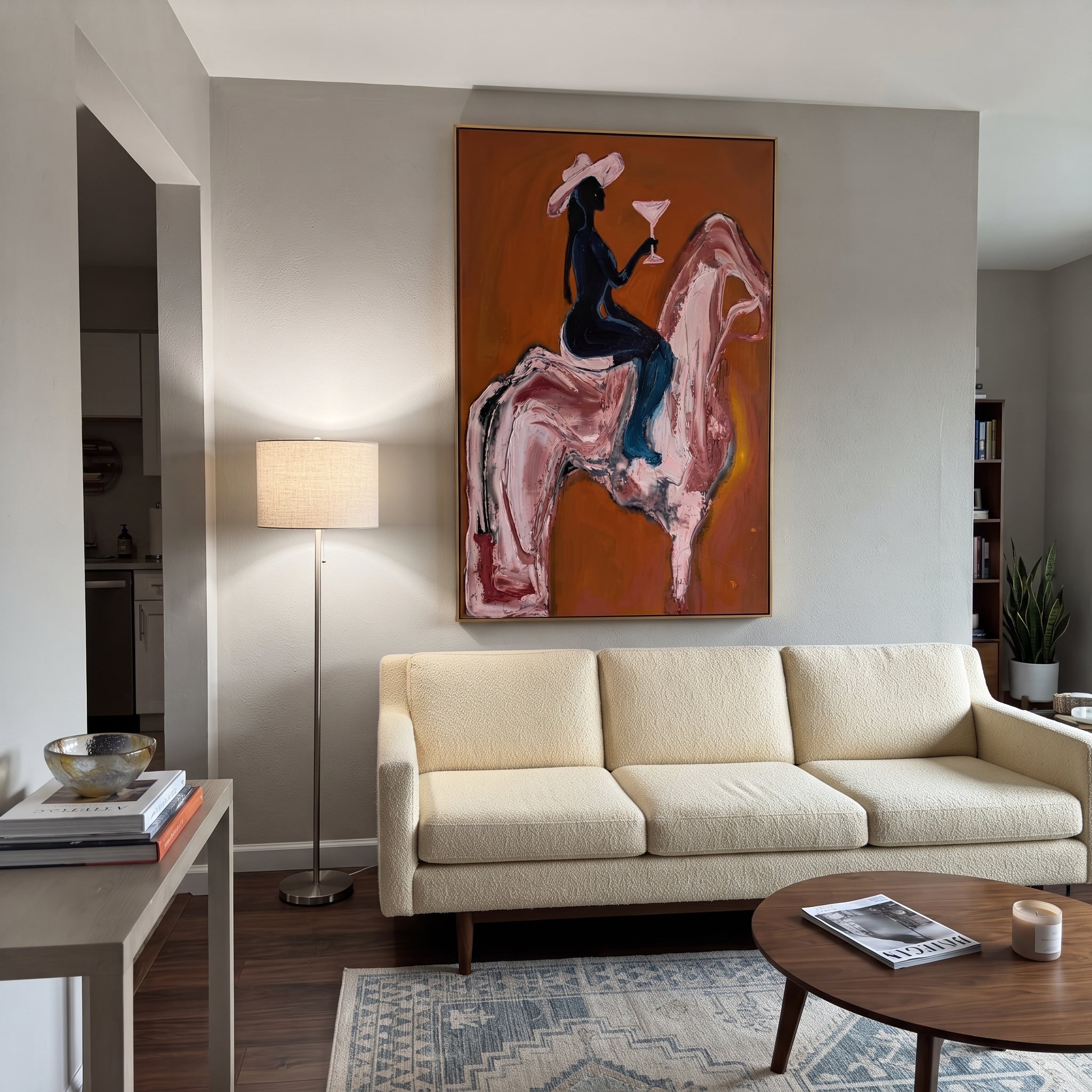 Pink Horse Carries Toast - cowgirl cocktail horse painting by Ethan Mercer, contemporary Western vertical wall art – styled room scene view 3