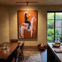 Pink Horse Carries Toast - cowgirl cocktail horse painting by Ethan Mercer, contemporary Western vertical wall art – styled room scene view 4
