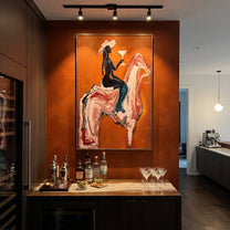 Pink Horse Carries Toast - cowgirl cocktail horse painting by Ethan Mercer, contemporary Western vertical wall art – styled room scene view 5