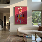 Two Cats Guard Cocktails - cowgirl cats martini painting by Ethan Mercer, contemporary Western vertical wall art – styled room scene view 1