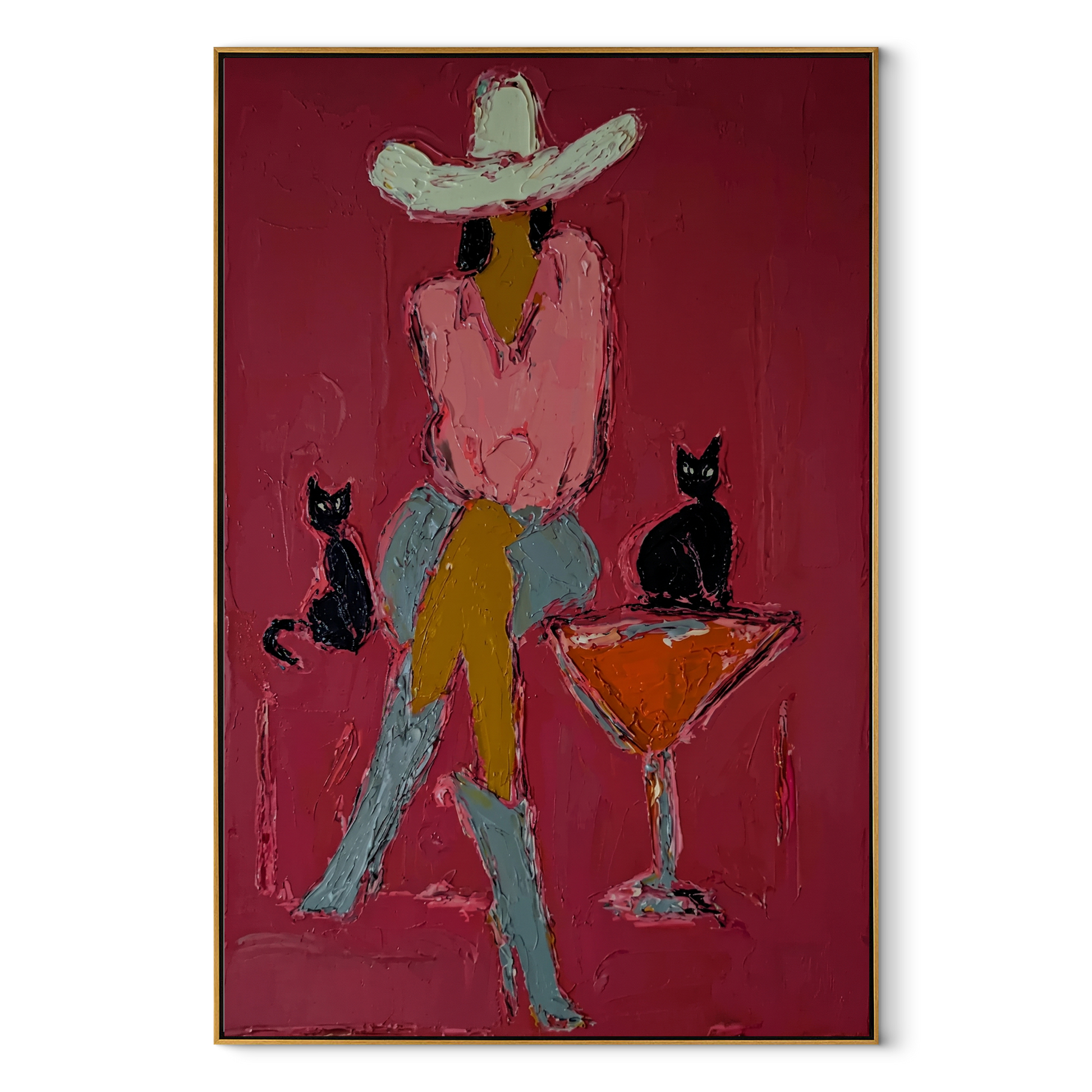 Two Cats Guard Cocktails - cowgirl cats martini painting by Ethan Mercer, contemporary Western vertical wall art – wood frame on white background