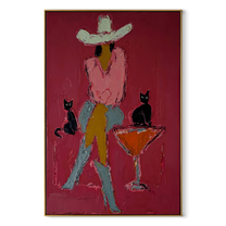 Two Cats Guard Cocktails - cowgirl cats martini painting by Ethan Mercer, contemporary Western vertical wall art – wood frame on white background