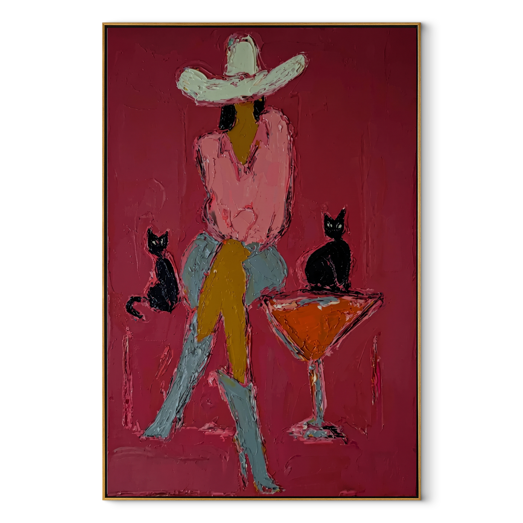 Two Cats Guard Cocktails - cowgirl cats martini painting by Ethan Mercer, contemporary Western vertical wall art – wood frame on white background
