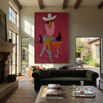 Two Cats Guard Cocktails - cowgirl cats martini painting by Ethan Mercer, contemporary Western vertical wall art – styled room scene view 2