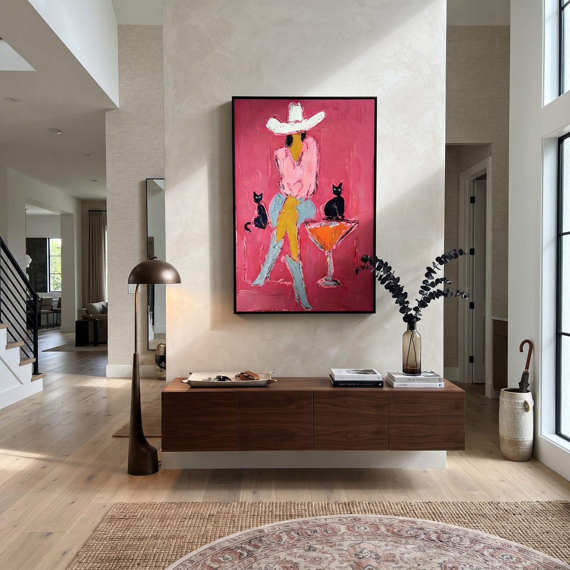 Two Cats Guard Cocktails - cowgirl cats martini painting by Ethan Mercer, contemporary Western vertical wall art – styled room scene view 3