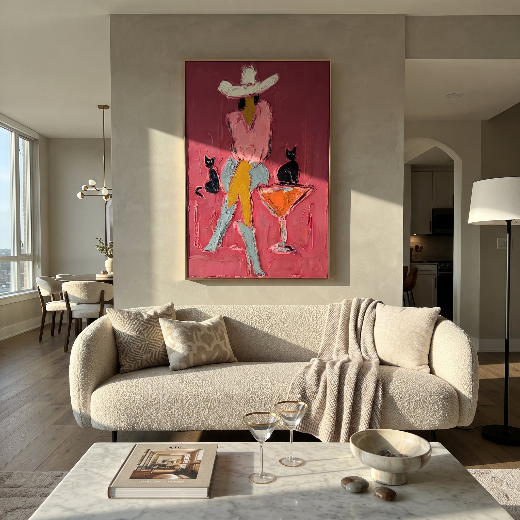 Two Cats Guard Cocktails - cowgirl cats martini painting by Ethan Mercer, contemporary Western vertical wall art – styled room scene view 4