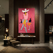 Two Cats Guard Cocktails - cowgirl cats martini painting by Ethan Mercer, contemporary Western vertical wall art – styled room scene view 5