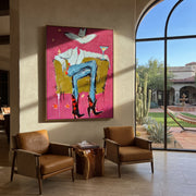 Red Boots Keep Watch - blue cowboy chair painting by Ethan Mercer, contemporary Western vertical wall art – styled room scene view 1