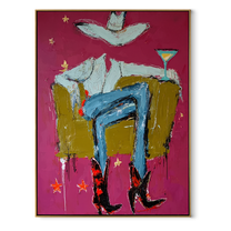 Red Boots Keep Watch - blue cowboy chair painting by Ethan Mercer, contemporary Western vertical wall art – wood frame on white background