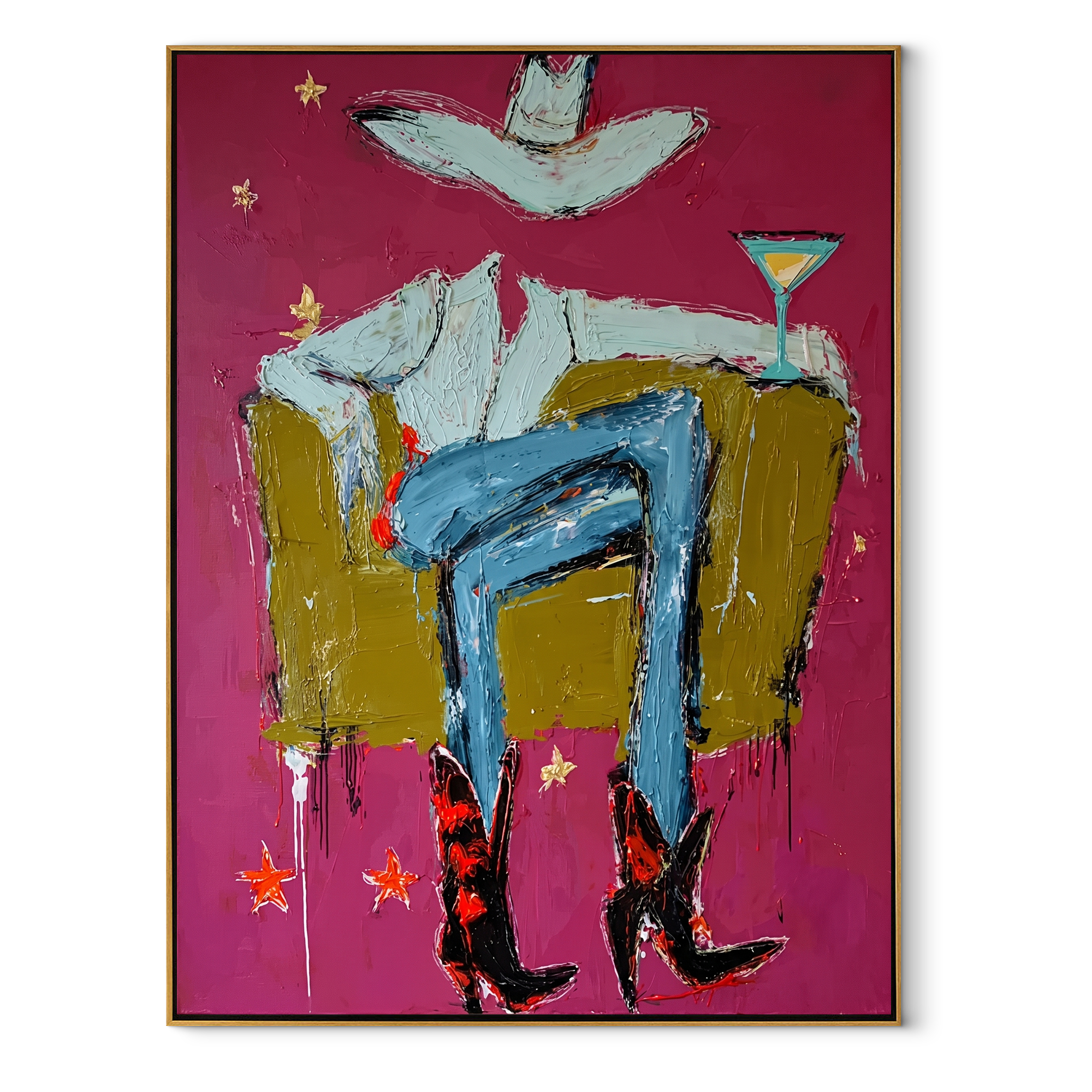 Red Boots Keep Watch - blue cowboy chair painting by Ethan Mercer, contemporary Western vertical wall art – wood frame on white background