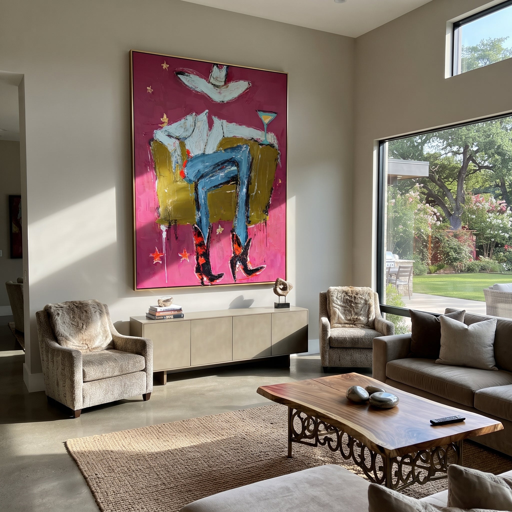 Red Boots Keep Watch - blue cowboy chair painting by Ethan Mercer, contemporary Western vertical wall art – styled room scene view 2