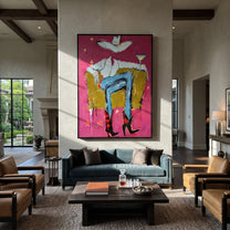 Red Boots Keep Watch - blue cowboy chair painting by Ethan Mercer, contemporary Western vertical wall art – styled room scene view 3
