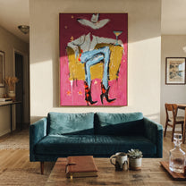 Red Boots Keep Watch - blue cowboy chair painting by Ethan Mercer, contemporary Western vertical wall art – styled room scene view 4
