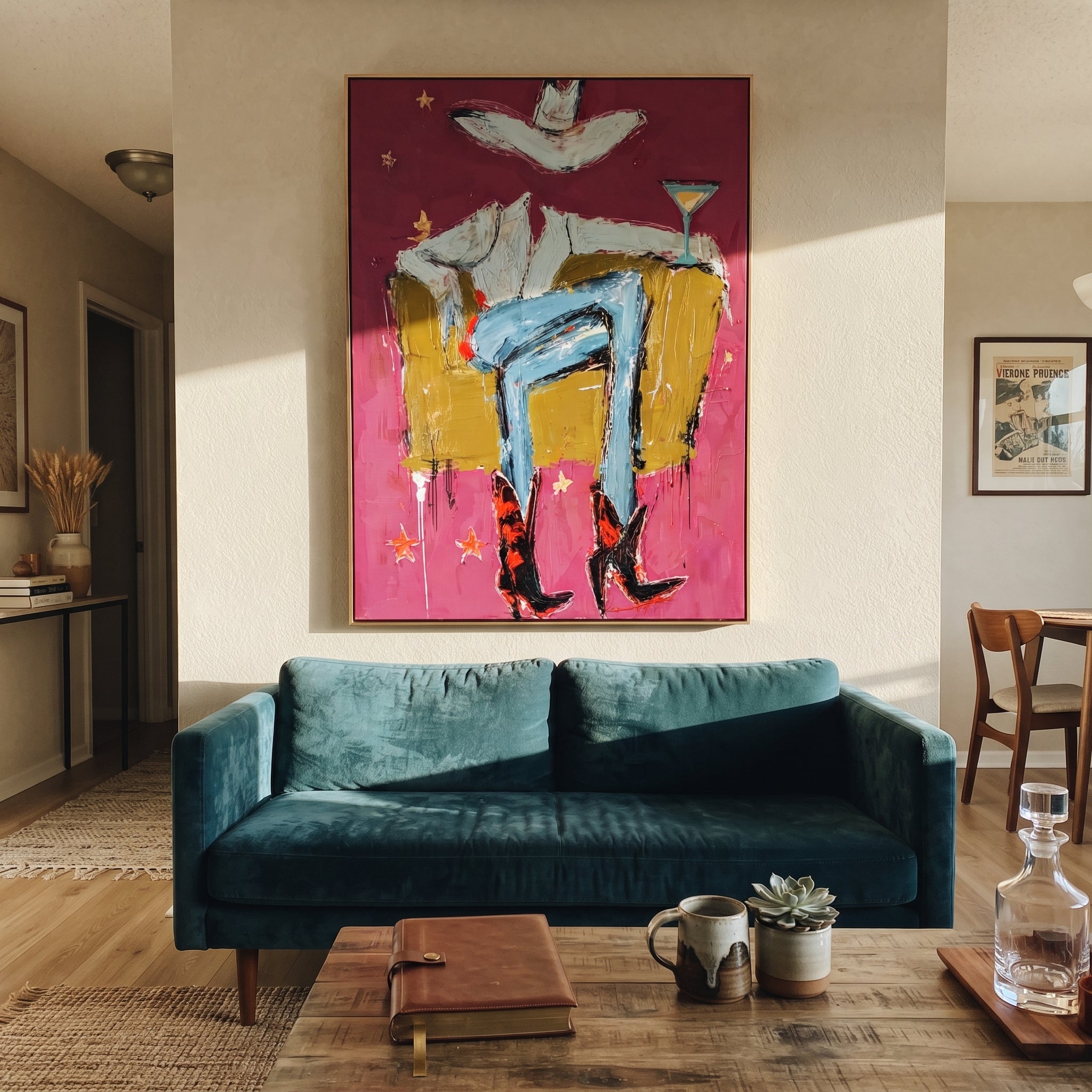 Red Boots Keep Watch - blue cowboy chair painting by Ethan Mercer, contemporary Western vertical wall art – styled room scene view 4