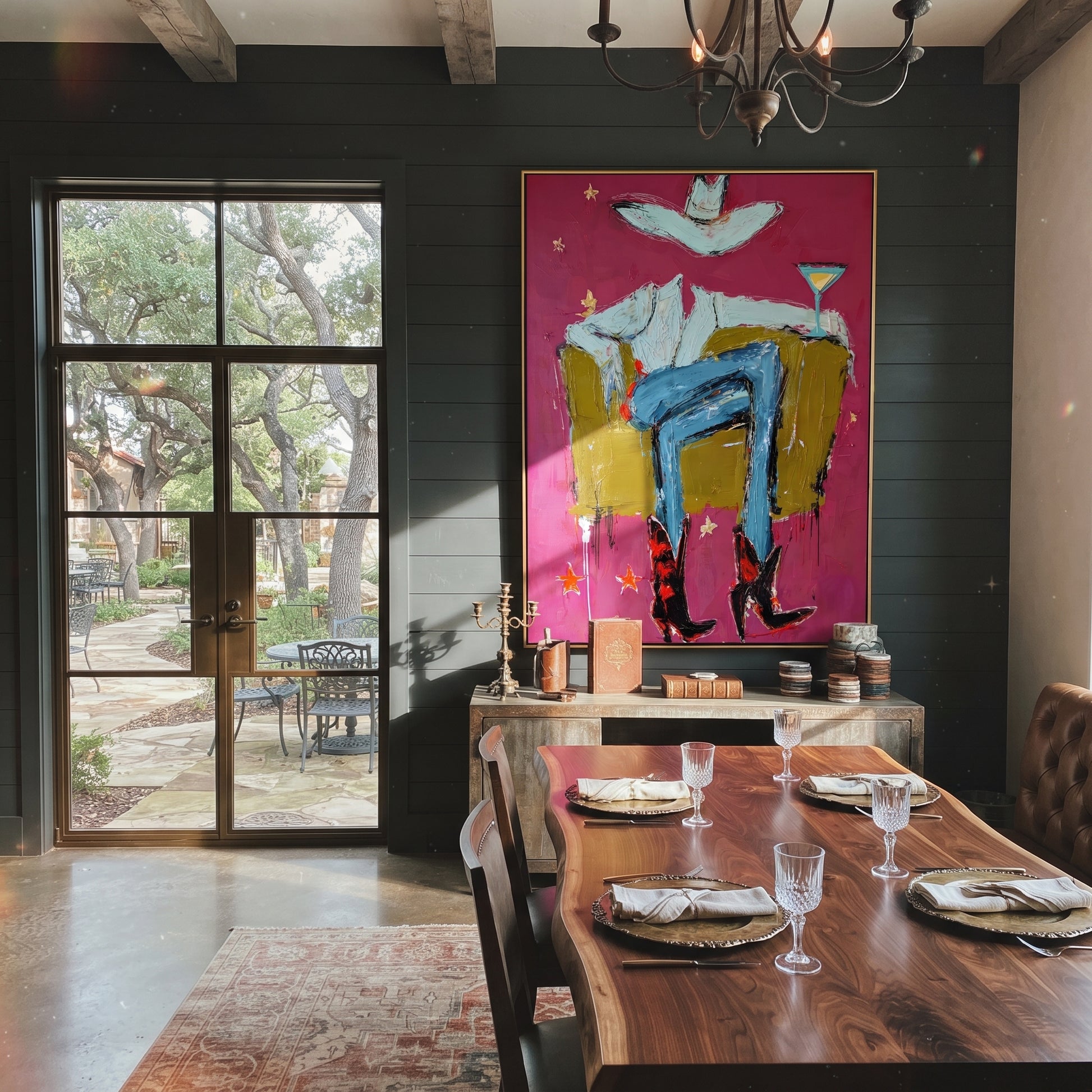 Red Boots Keep Watch - blue cowboy chair painting by Ethan Mercer, contemporary Western vertical wall art – styled room scene view 5