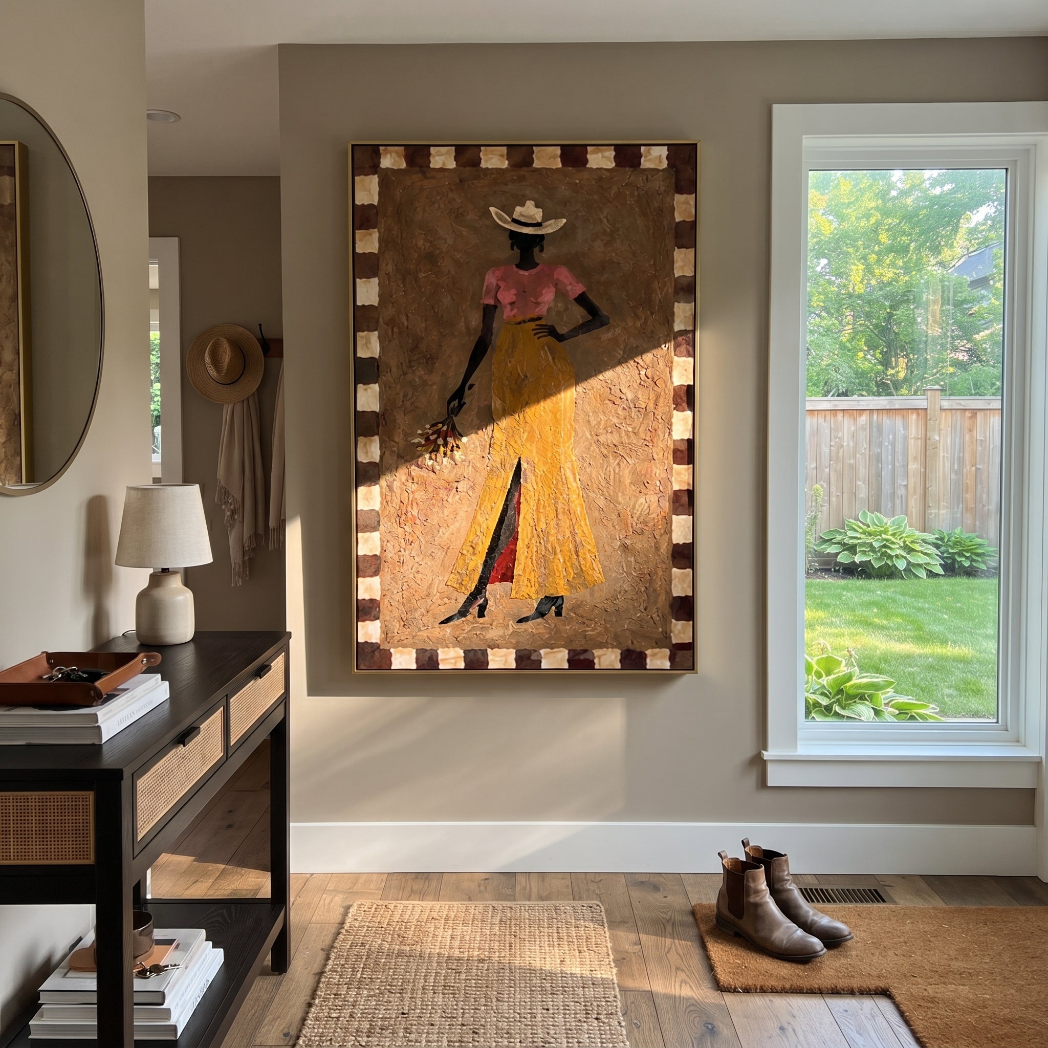 Golden Trousers Carry Flowers - standing cowgirl floral portrait by Ethan Mercer, contemporary Western vertical wall art – styled room scene view 1