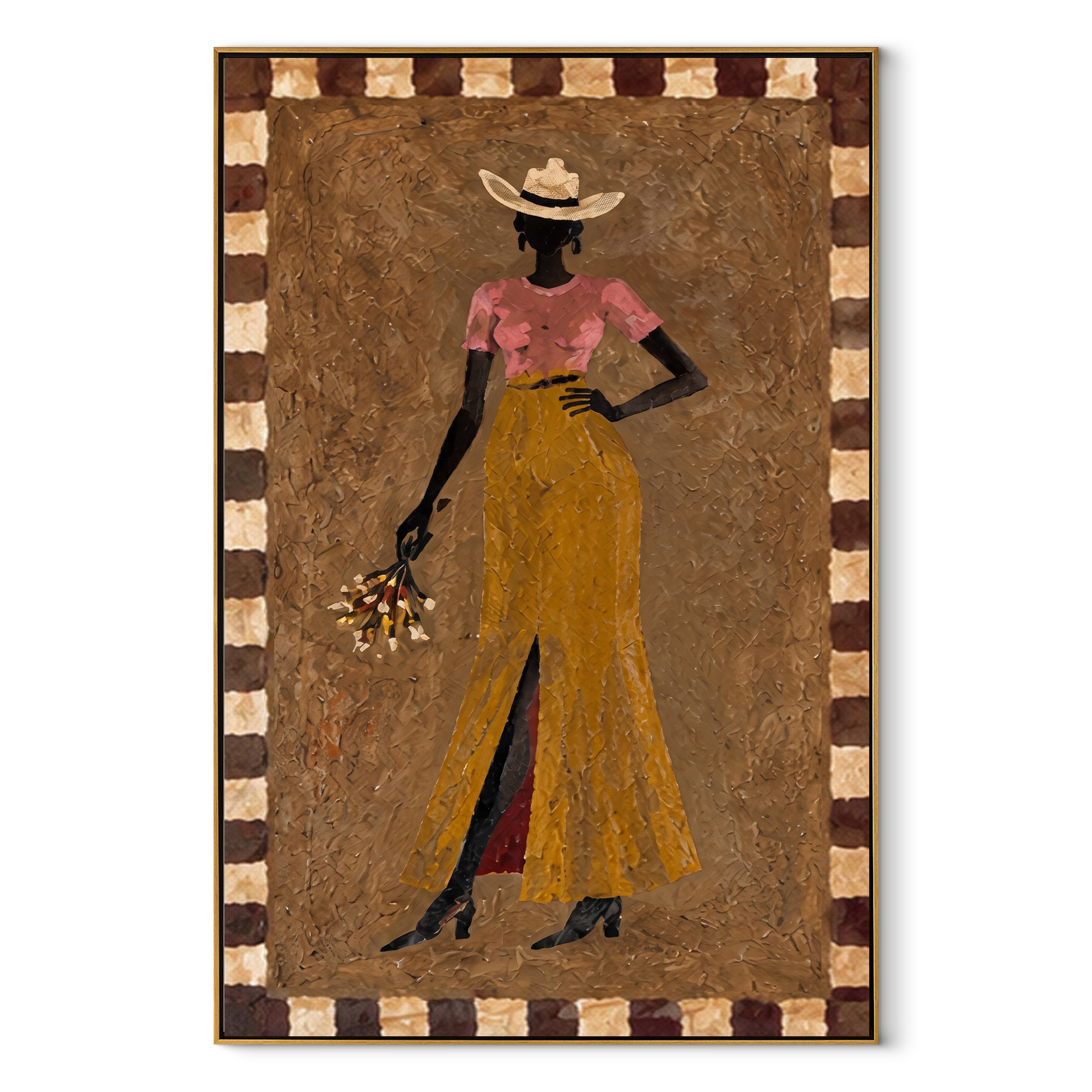 Golden Trousers Carry Flowers - standing cowgirl floral portrait by Ethan Mercer, contemporary Western vertical wall art – wood frame on white background