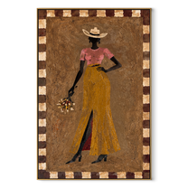 Golden Trousers Carry Flowers - standing cowgirl floral portrait by Ethan Mercer, contemporary Western vertical wall art – wood frame on white background