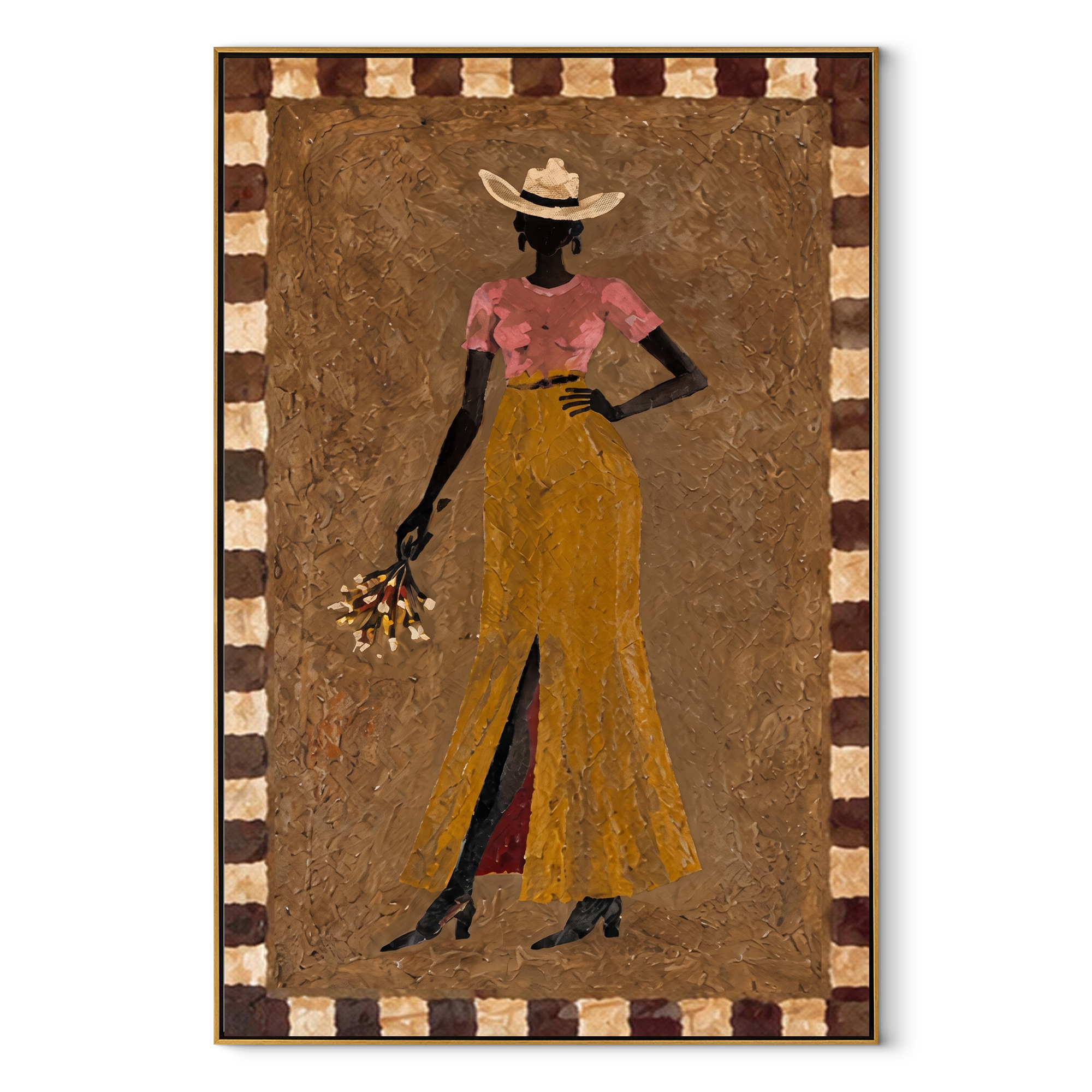 Golden Trousers Carry Flowers - standing cowgirl floral portrait by Ethan Mercer, contemporary Western vertical wall art – wood frame on white background
