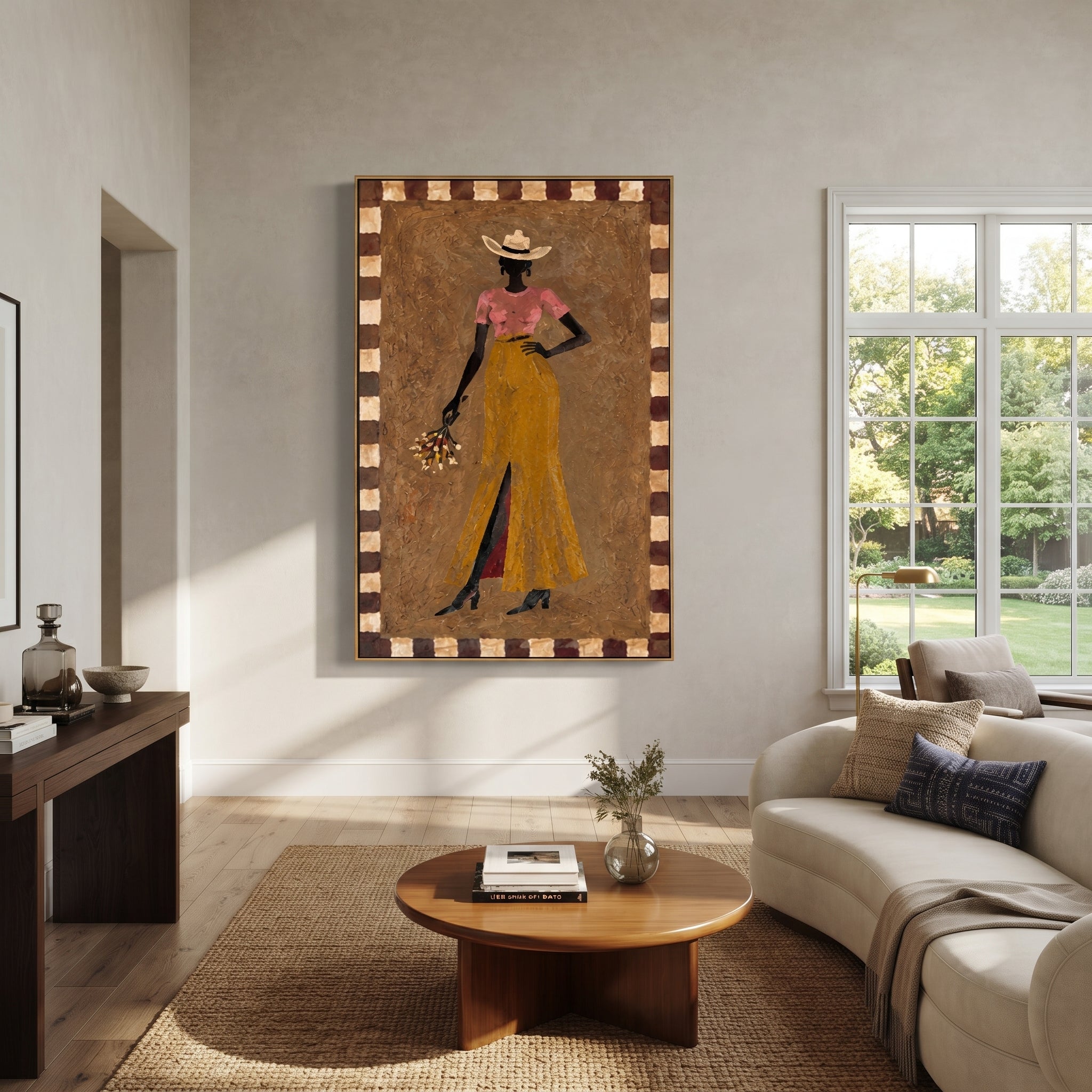 Golden Trousers Carry Flowers - standing cowgirl floral portrait by Ethan Mercer, contemporary Western vertical wall art – styled room scene view 2