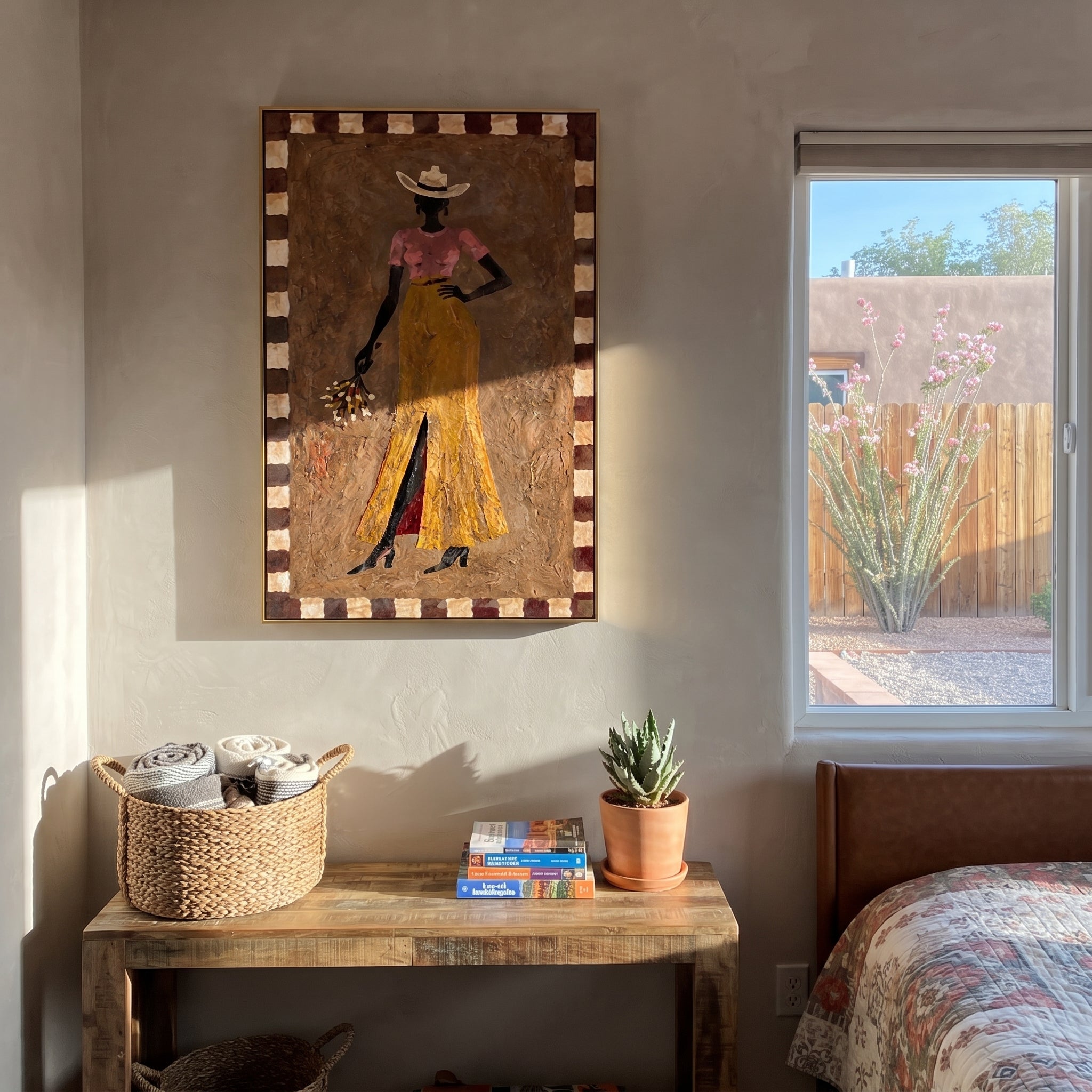 Golden Trousers Carry Flowers - standing cowgirl floral portrait by Ethan Mercer, contemporary Western vertical wall art – styled room scene view 3