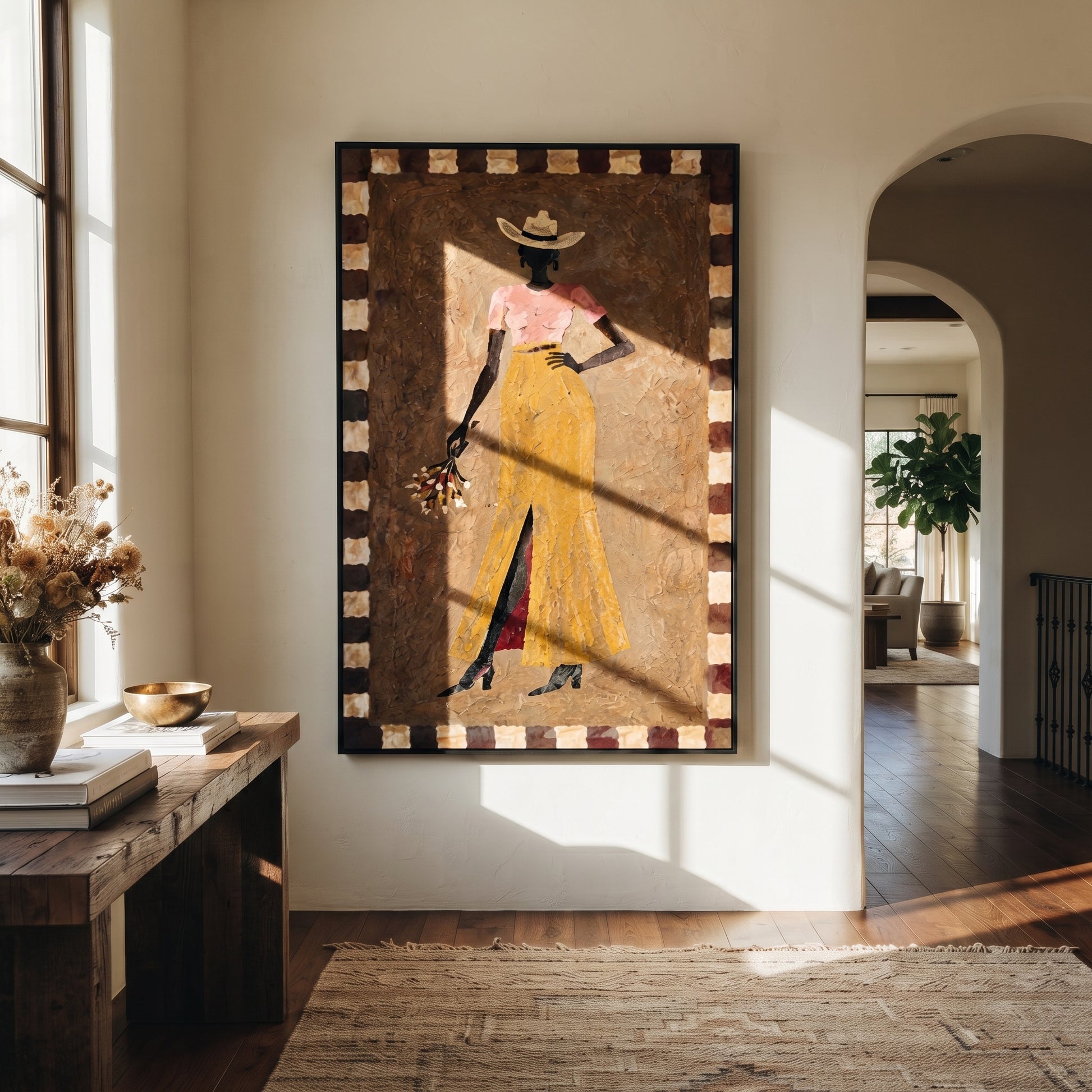 Golden Trousers Carry Flowers - standing cowgirl floral portrait by Ethan Mercer, contemporary Western vertical wall art – styled room scene view 4