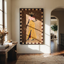 Golden Trousers Carry Flowers - standing cowgirl floral portrait by Ethan Mercer, contemporary Western vertical wall art – styled room scene view 4