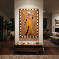 Golden Trousers Carry Flowers - standing cowgirl floral portrait by Ethan Mercer, contemporary Western vertical wall art – styled room scene view 5