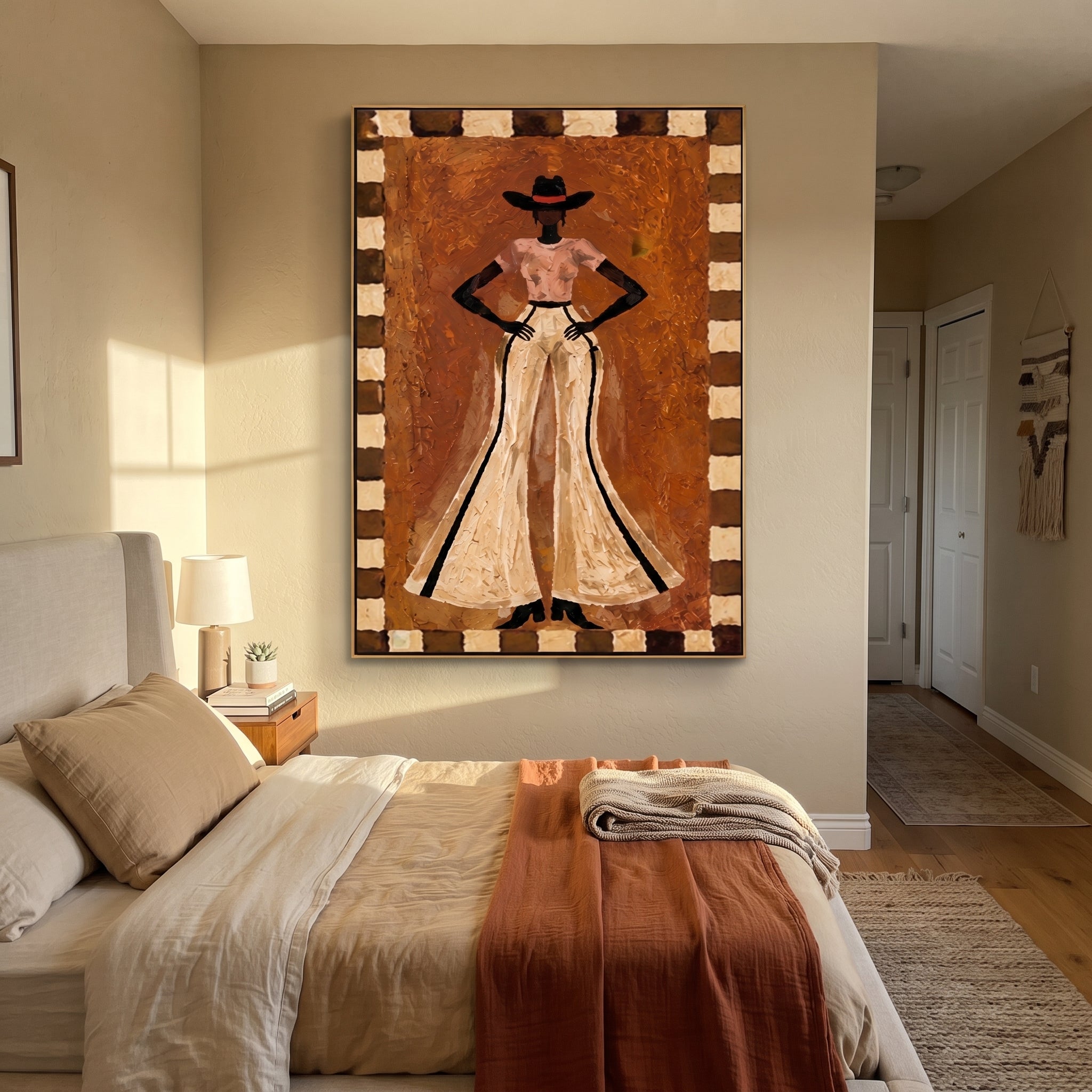 Ivory Trousers Command Stillness - standing cowgirl portrait painting by Ethan Mercer, contemporary Western vertical wall art – styled room scene view 1