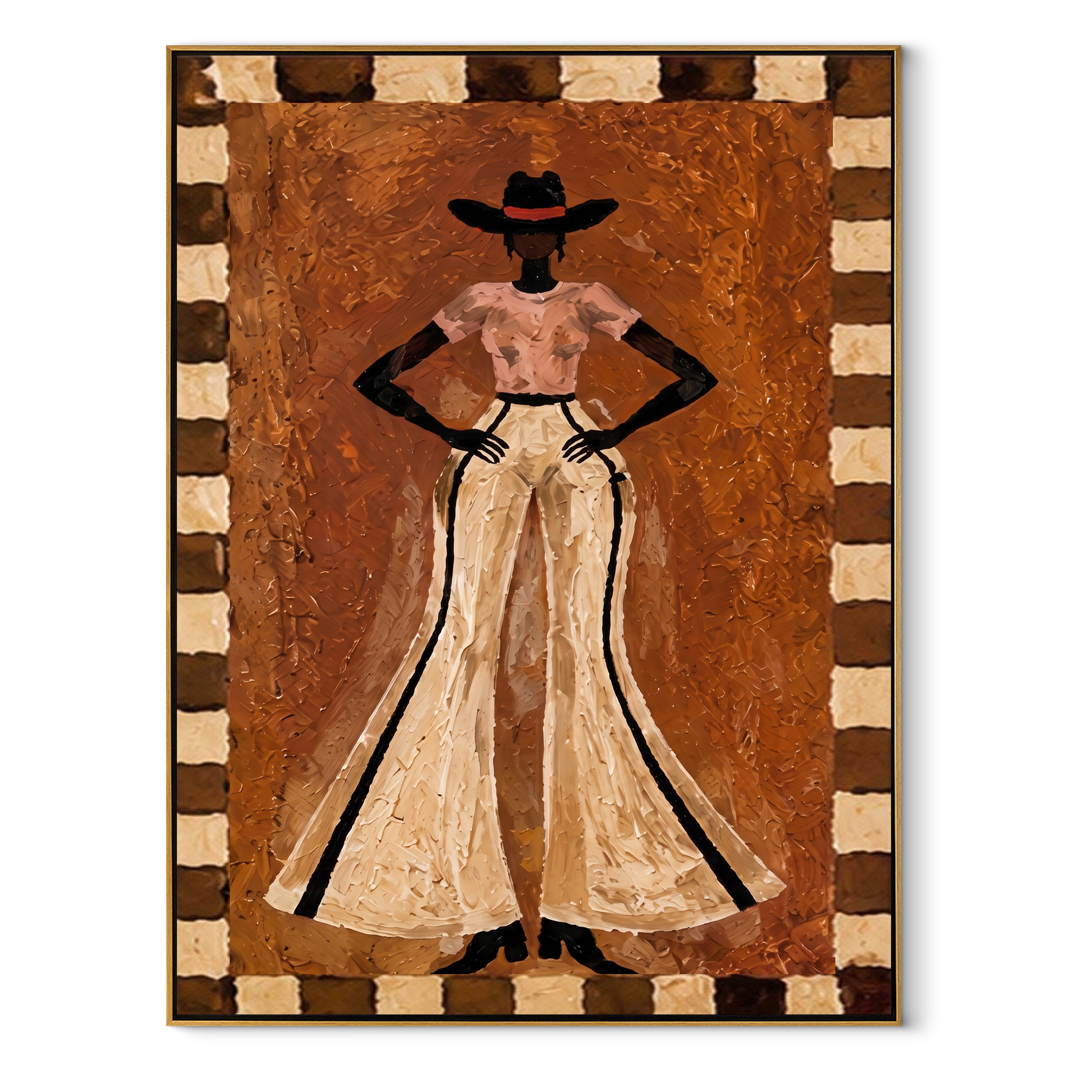 Ivory Trousers Command Stillness - standing cowgirl portrait painting by Ethan Mercer, contemporary Western vertical wall art – wood frame on white background