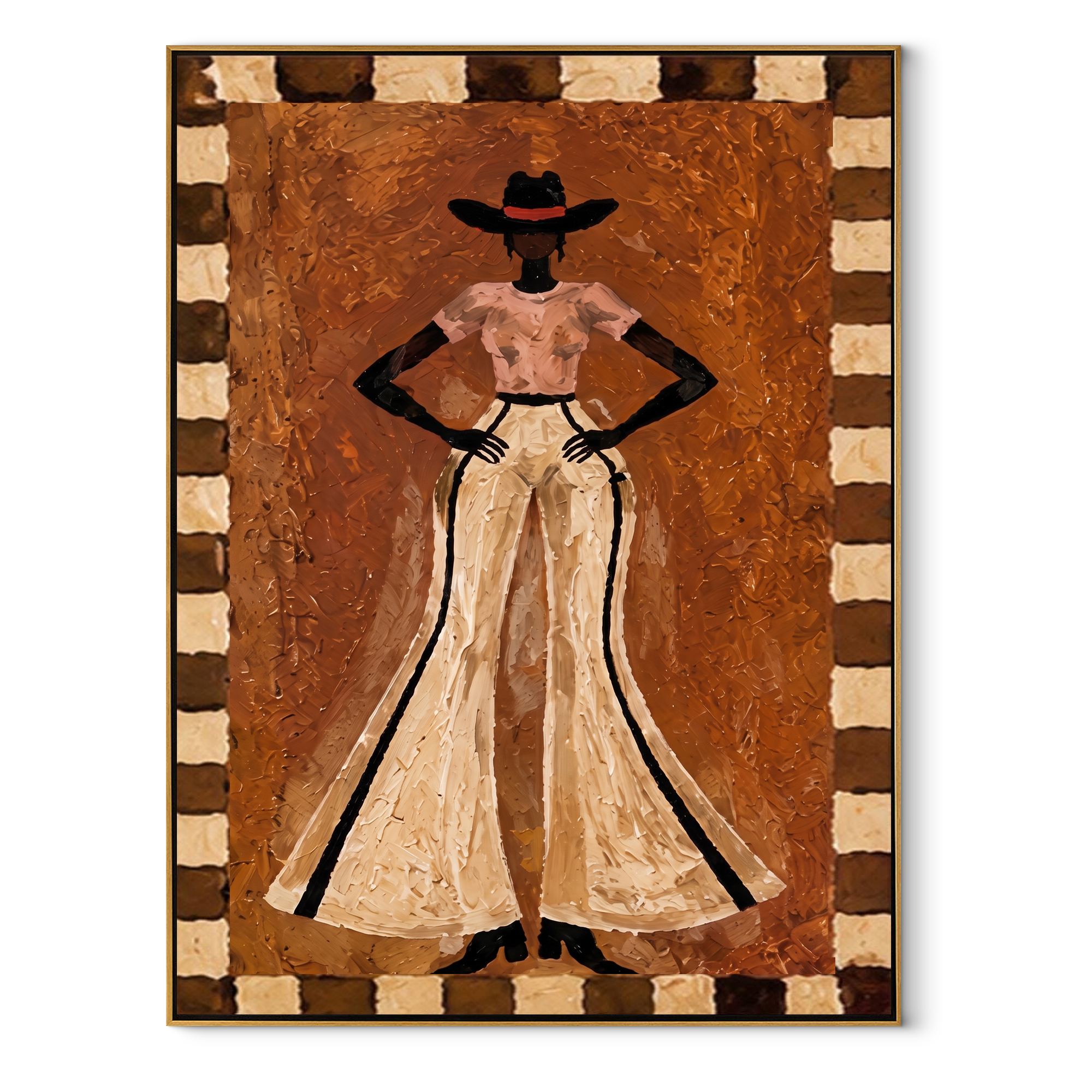Ivory Trousers Command Stillness - standing cowgirl portrait painting by Ethan Mercer, contemporary Western vertical wall art – wood frame on white background