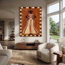 Ivory Trousers Command Stillness - standing cowgirl portrait painting by Ethan Mercer, contemporary Western vertical wall art – styled room scene view 2