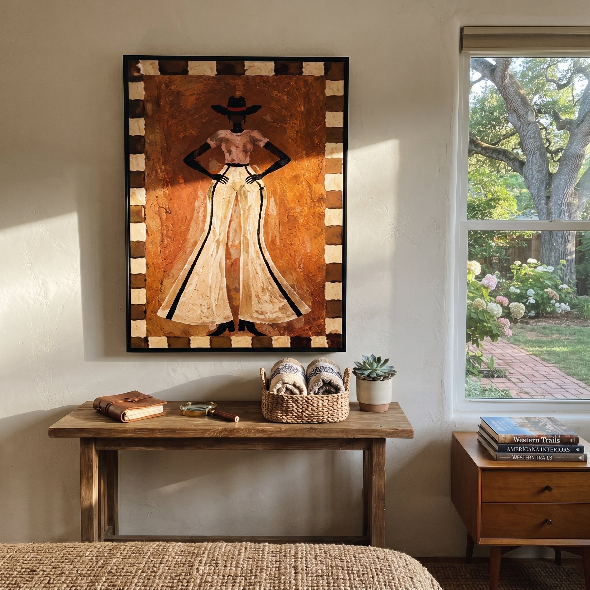 Ivory Trousers Command Stillness - standing cowgirl portrait painting by Ethan Mercer, contemporary Western vertical wall art – styled room scene view 3