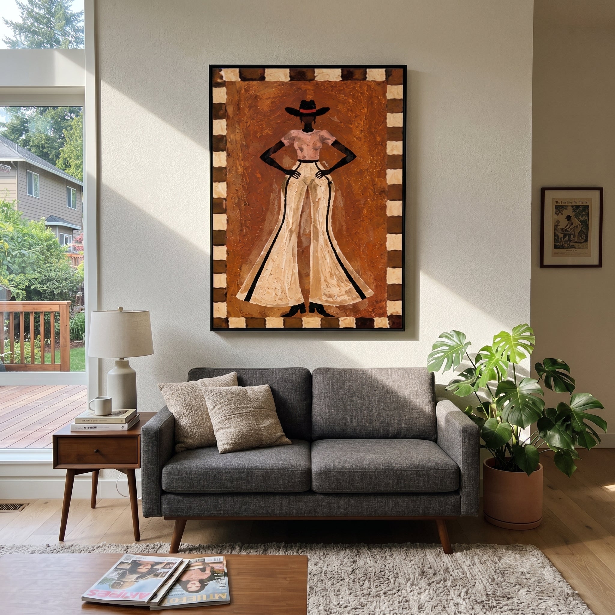 Ivory Trousers Command Stillness - standing cowgirl portrait painting by Ethan Mercer, contemporary Western vertical wall art – styled room scene view 4