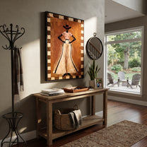 Ivory Trousers Command Stillness - standing cowgirl portrait painting by Ethan Mercer, contemporary Western vertical wall art – styled room scene view 5