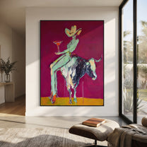 Purple Horns Bear Mint - cowgirl purple bull painting by Ethan Mercer, contemporary Western vertical wall art – styled room scene view 1
