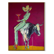 Purple Horns Bear Mint - cowgirl purple bull painting by Ethan Mercer, contemporary Western vertical wall art – wood frame on white background