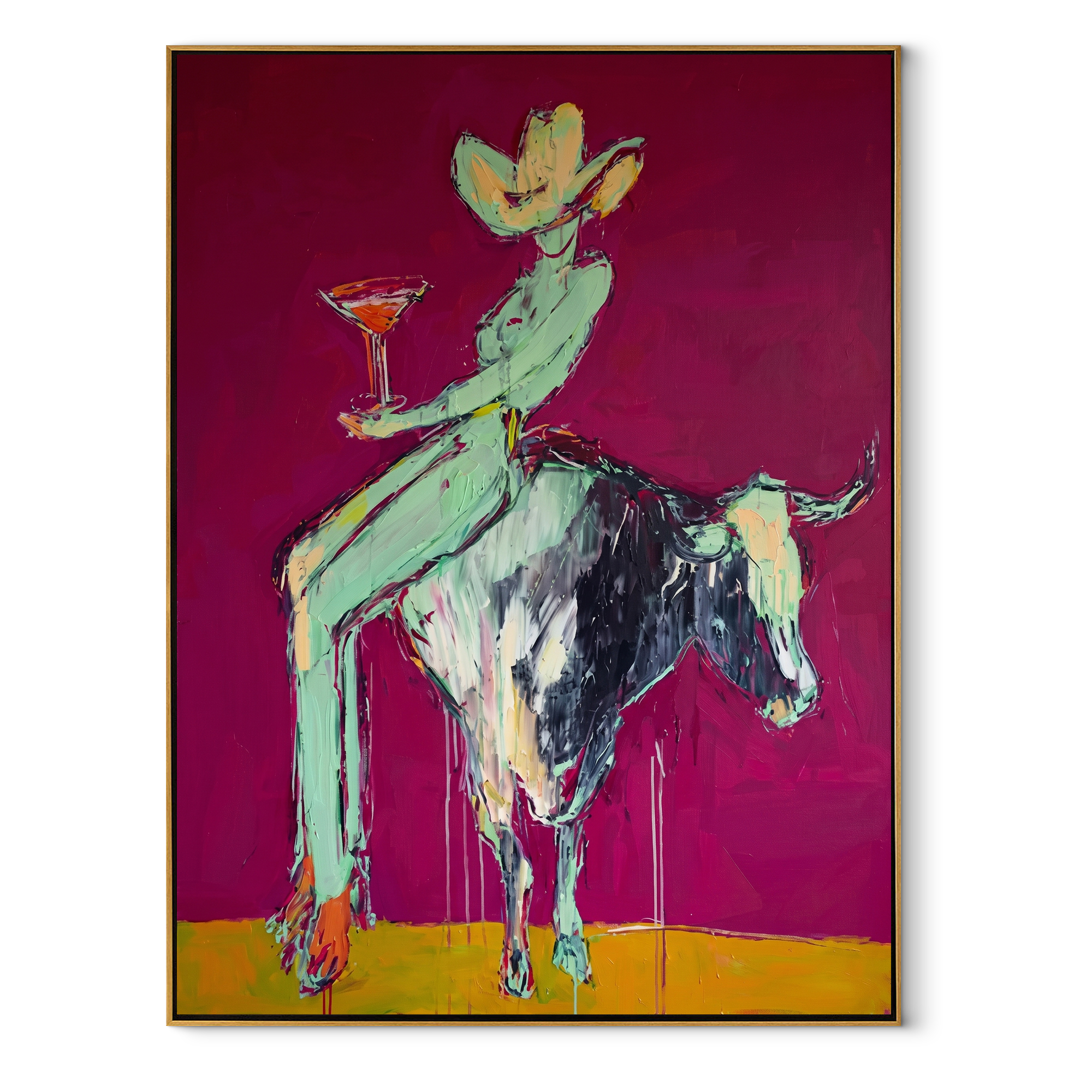 Purple Horns Bear Mint - cowgirl purple bull painting by Ethan Mercer, contemporary Western vertical wall art – wood frame on white background