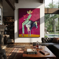 Purple Horns Bear Mint - cowgirl purple bull painting by Ethan Mercer, contemporary Western vertical wall art – styled room scene view 2