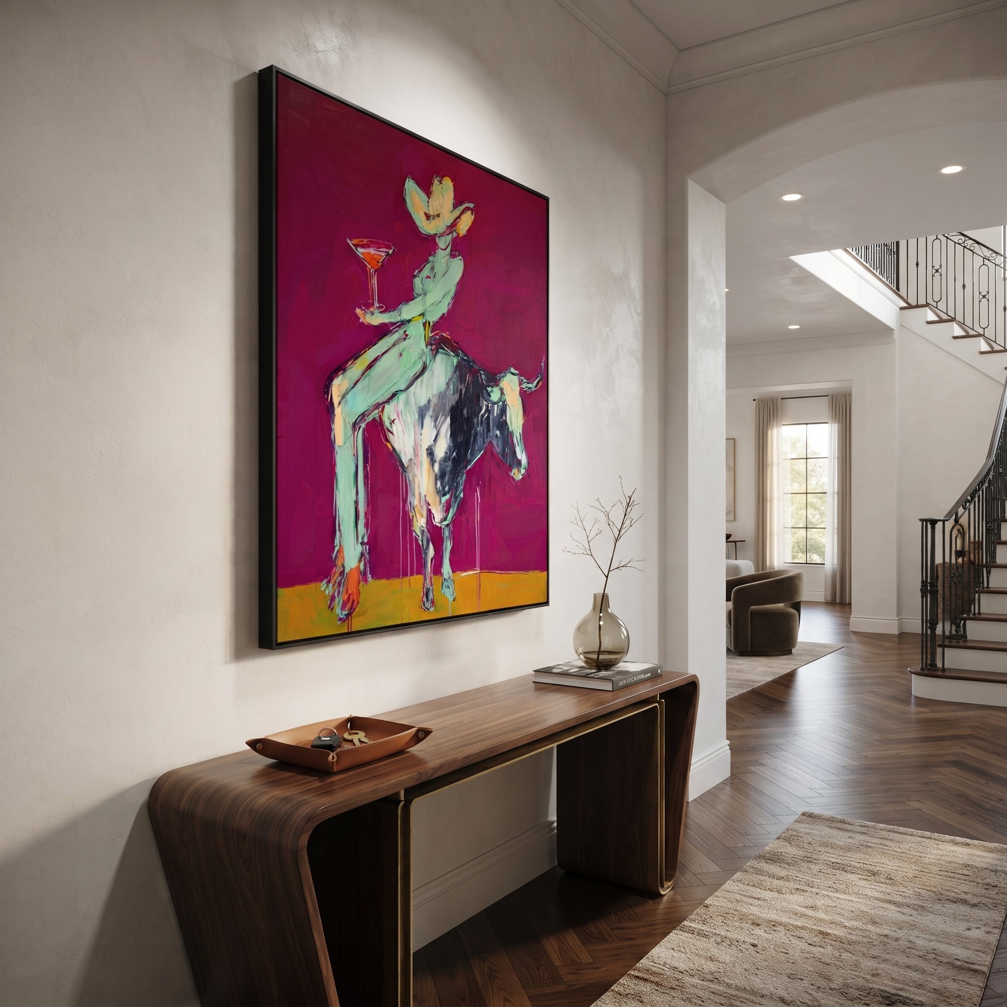 Purple Horns Bear Mint - cowgirl purple bull painting by Ethan Mercer, contemporary Western vertical wall art – styled room scene view 3