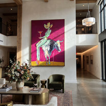 Purple Horns Bear Mint - cowgirl purple bull painting by Ethan Mercer, contemporary Western vertical wall art – styled room scene view 4
