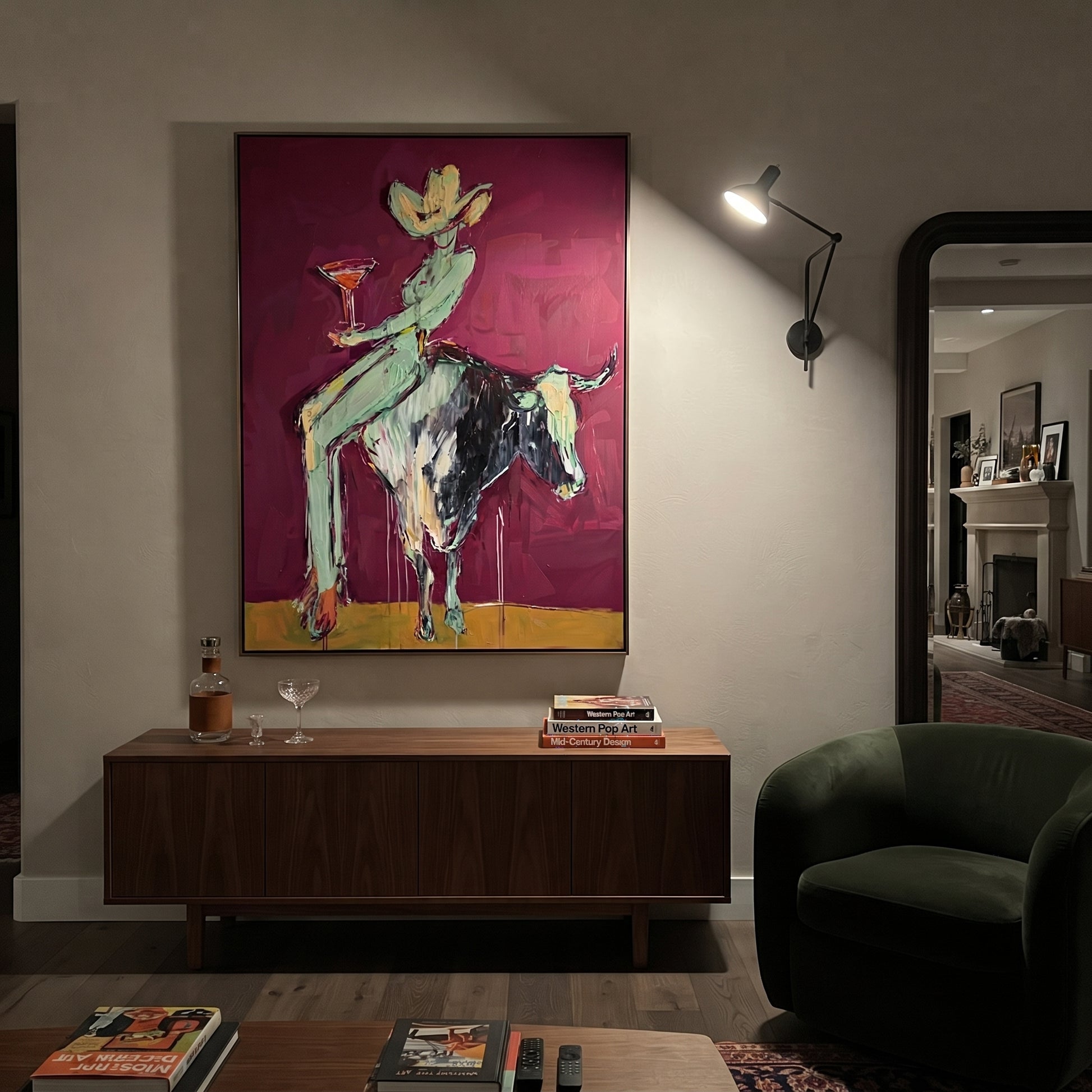 Purple Horns Bear Mint - cowgirl purple bull painting by Ethan Mercer, contemporary Western vertical wall art – styled room scene view 5