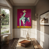 Purple Horns Bear Mint - cowgirl purple bull painting by Ethan Mercer, contemporary Western vertical wall art – styled room scene view 6