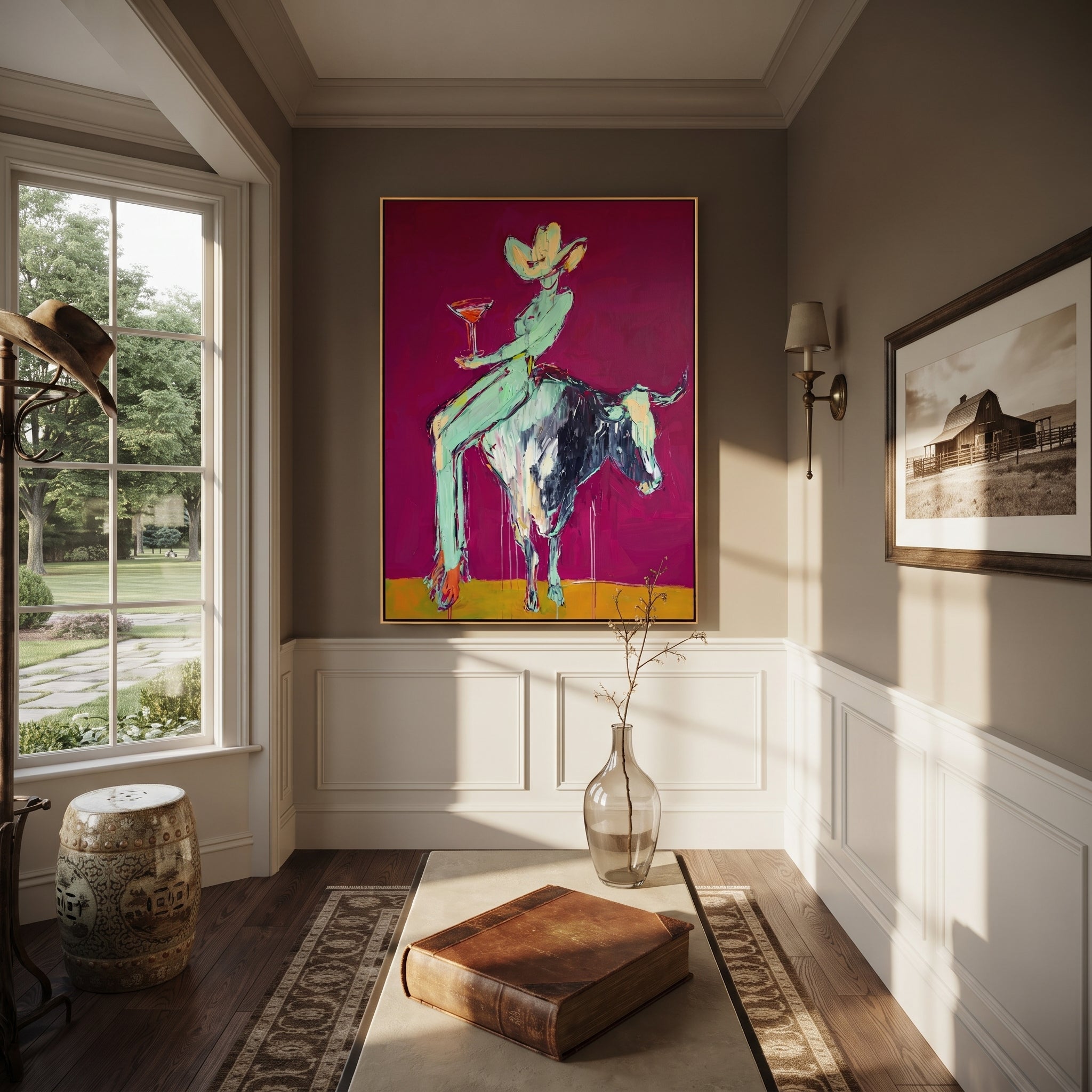 Purple Horns Bear Mint - cowgirl purple bull painting by Ethan Mercer, contemporary Western vertical wall art – styled room scene view 6