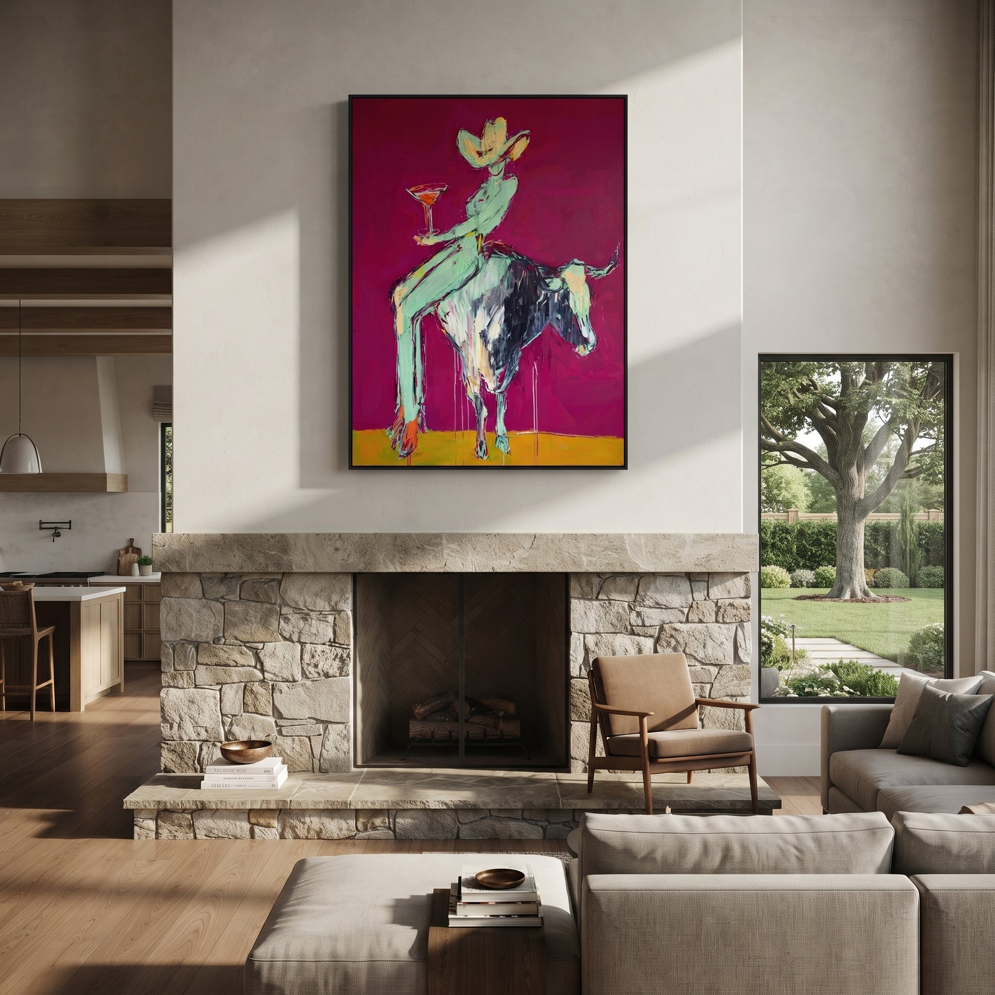 Purple Horns Bear Mint - cowgirl purple bull painting by Ethan Mercer, contemporary Western vertical wall art – styled room scene view 7