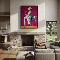 Purple Horns Bear Mint - cowgirl purple bull painting by Ethan Mercer, contemporary Western vertical wall art – styled room scene view 7